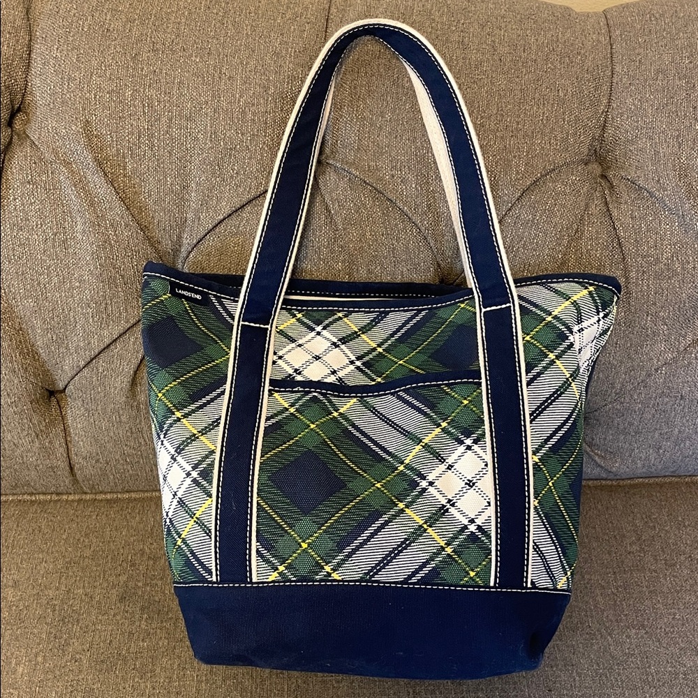 Lands End Navy Green Plaid Tote Bag - Classic Everyday Carry